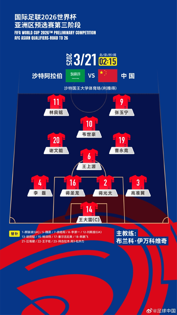 國足vs沙特官方陣型圖：菱形中場442，張玉寧、林良銘雙前鋒
